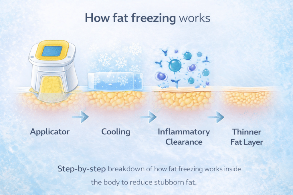 4-step diagram showing how fat freezing works, from applicator placement to fat clearance and body contouring.