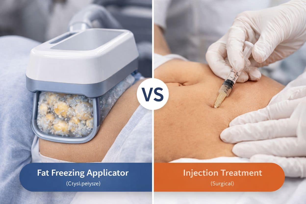 Side-by-side comparison of fat freezing applicator and injection fat reduction treatment on the abdomen