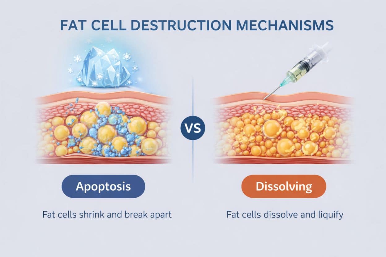 Comparison of fat freezing and Lemon Bottle fat reduction showing apoptosis vs dissolving fat cell mechanisms