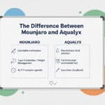 A whiteboard in a clinic with the words 'The Difference Between Mounjaro and Aqualyx' written on it
