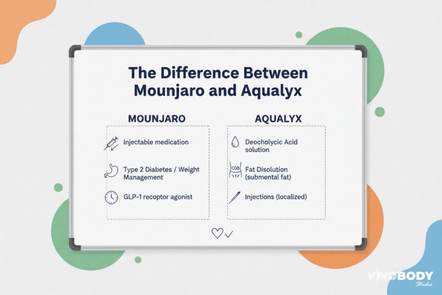 A whiteboard in a clinic with the words 'The Difference Between Mounjaro and Aqualyx' written on it