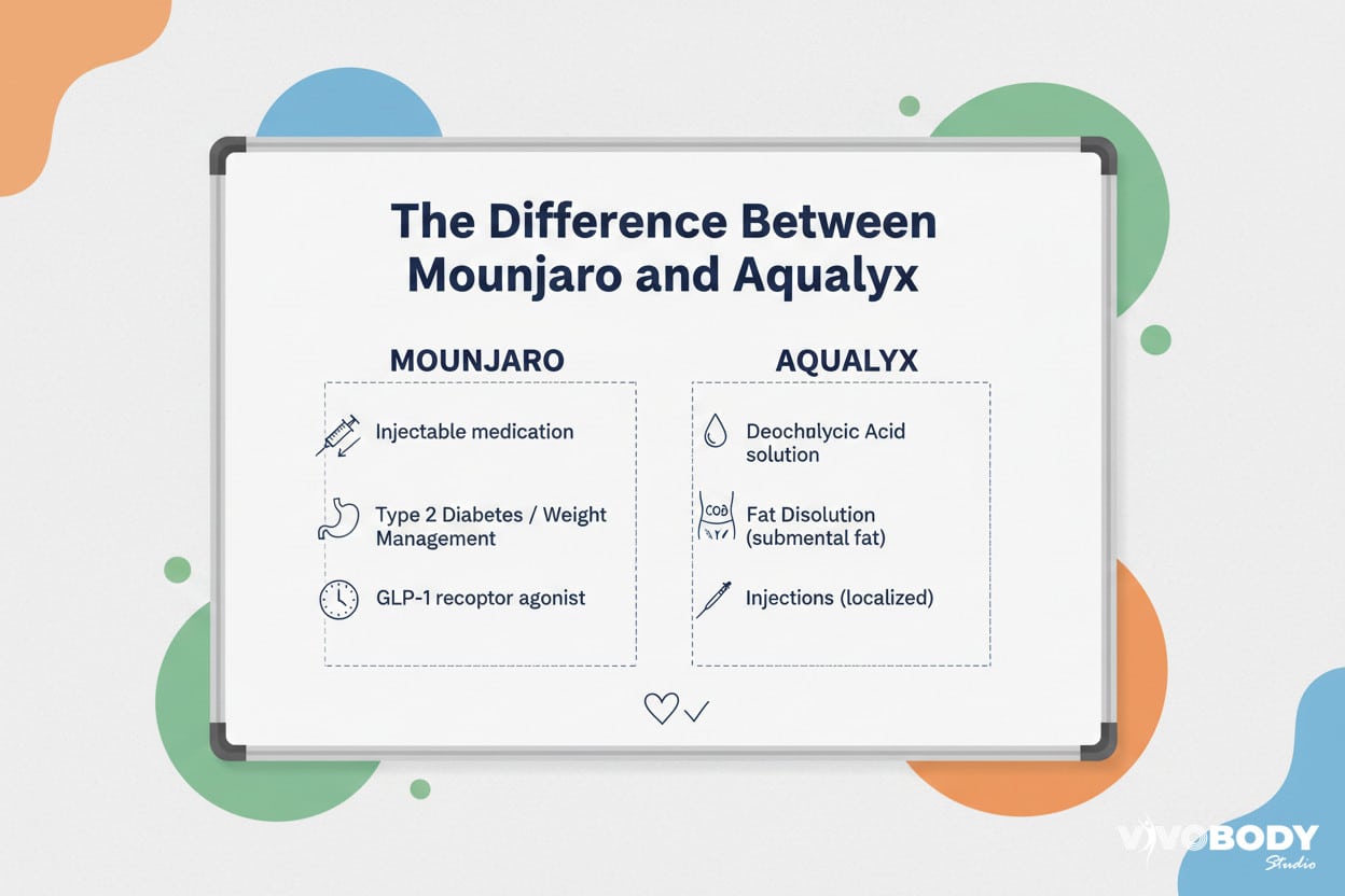 A whiteboard in a clinic with the words 'The Difference Between Mounjaro and Aqualyx' written on it