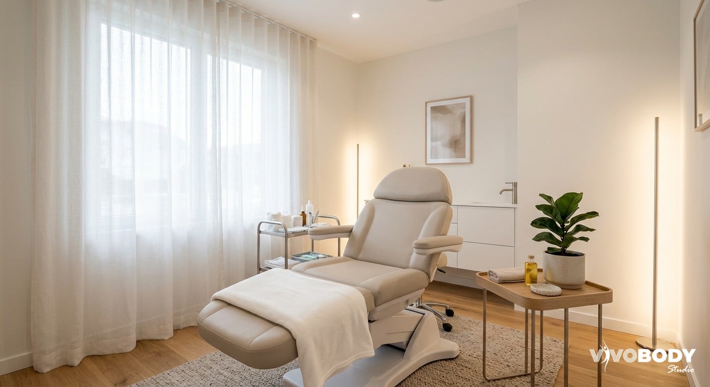 Calm modern aesthetic clinic consultation room with soft neutral decor