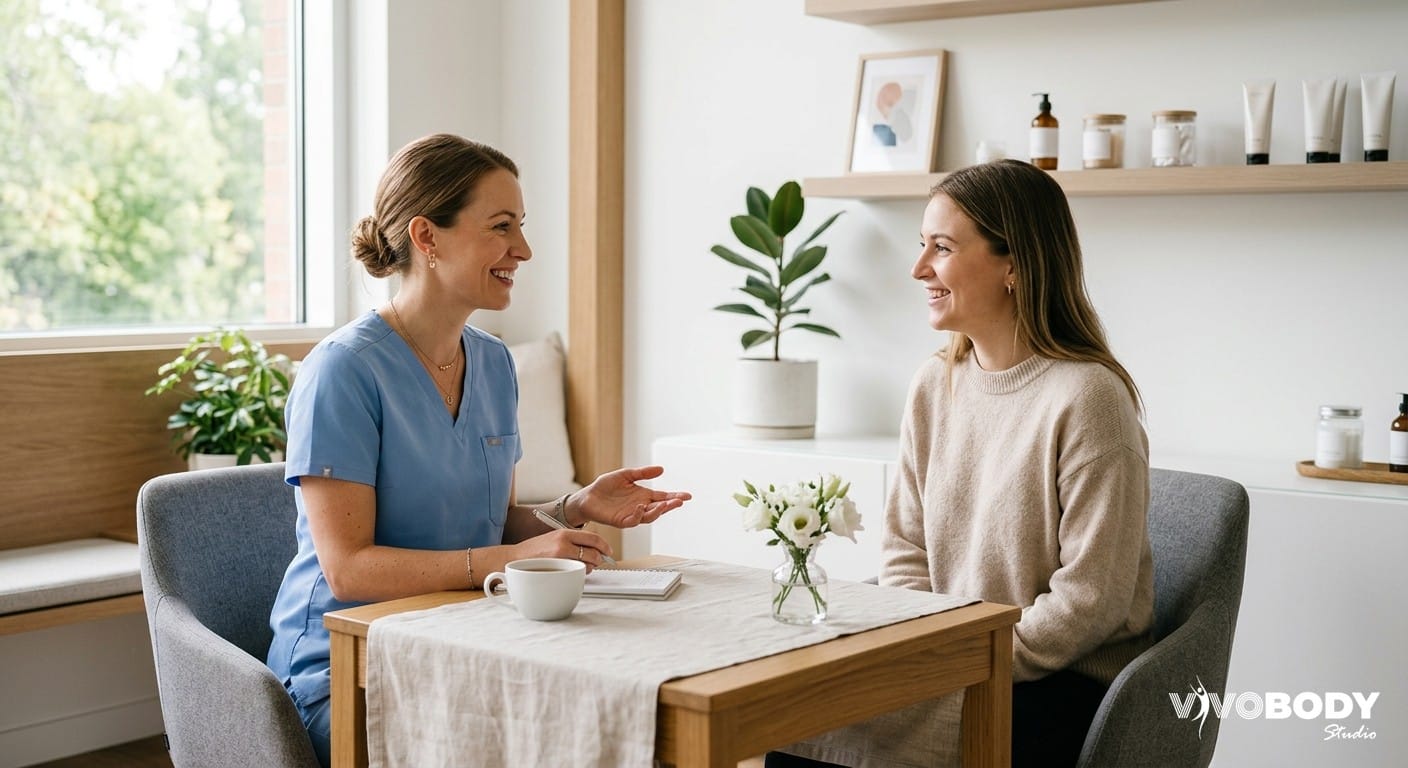 Aesthetic practitioner discussing skin tightening options with a client in a modern clinic