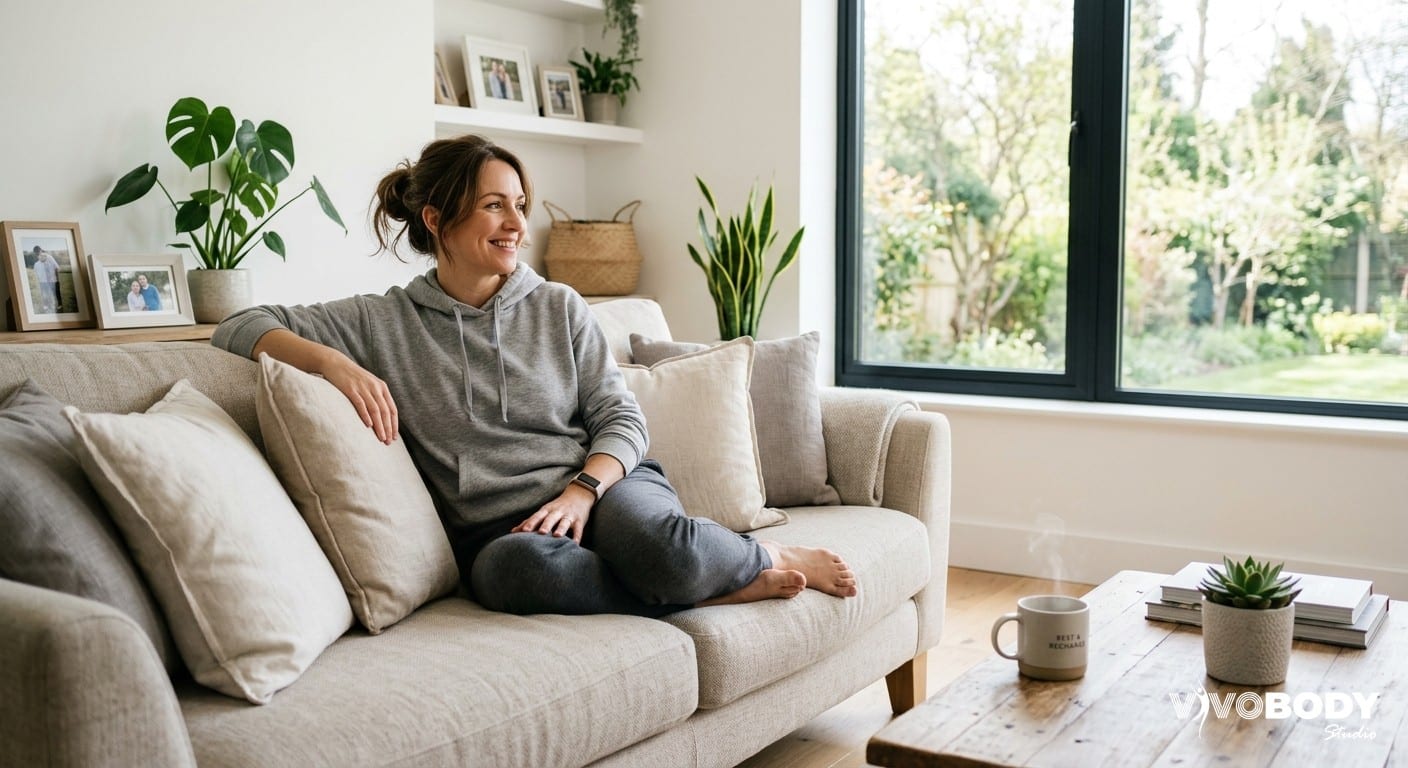 Woman relaxing at home after a weight loss journey considering skin tightening options