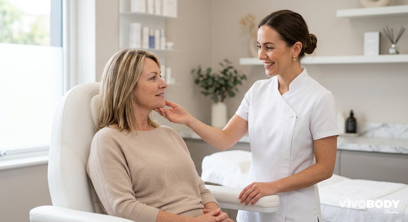 Aesthetic practitioner assessing a client's facial skin laxity during a skin-tightening consultation